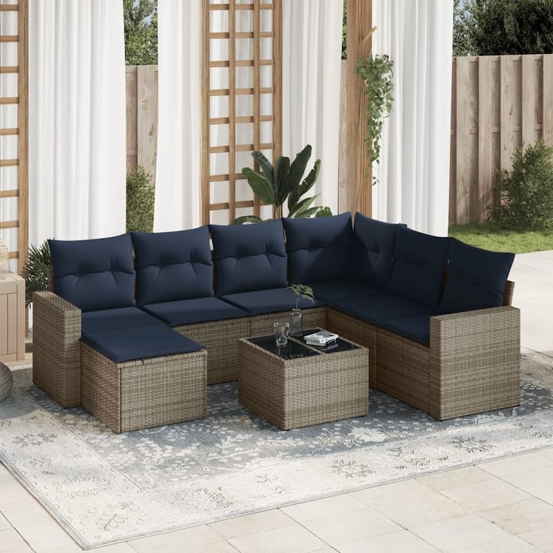 vidaXL Patio Sofa Set with Cushions Outdoor Conversation Furniture Poly Rattan - 25.8" x 24.4" x 27.2" - Beige and gray with table