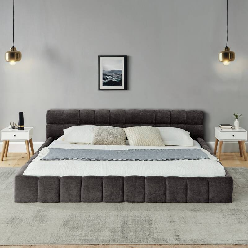 California King Size Chenille Fabric Bed Frame, Upholstered Grounded Platform Bed with Headboard, No Box Spring Needed - Dark Gray - California King