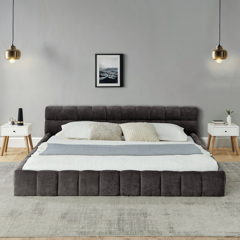 King Size Upholstered Bed Frame With Thick Fabric,Grounded Queen Size Platform Bed With Headboard And Solid Frame