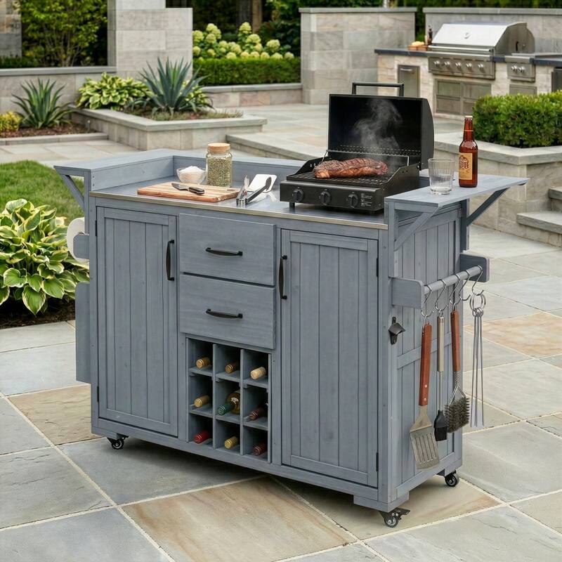 Modern 60.2" W Outdoor BBQ Kitchen Island with Wheels, Stainless Steel Top, Drawers, Spice Rack & Wine Rack