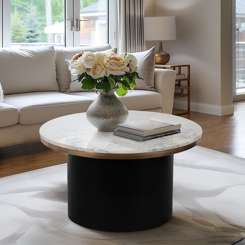 Sagebrook Home Chic Iron Marble Cylinder Coffee Table - Perfect For Home Decor - Black - 31" x 31" x 17"