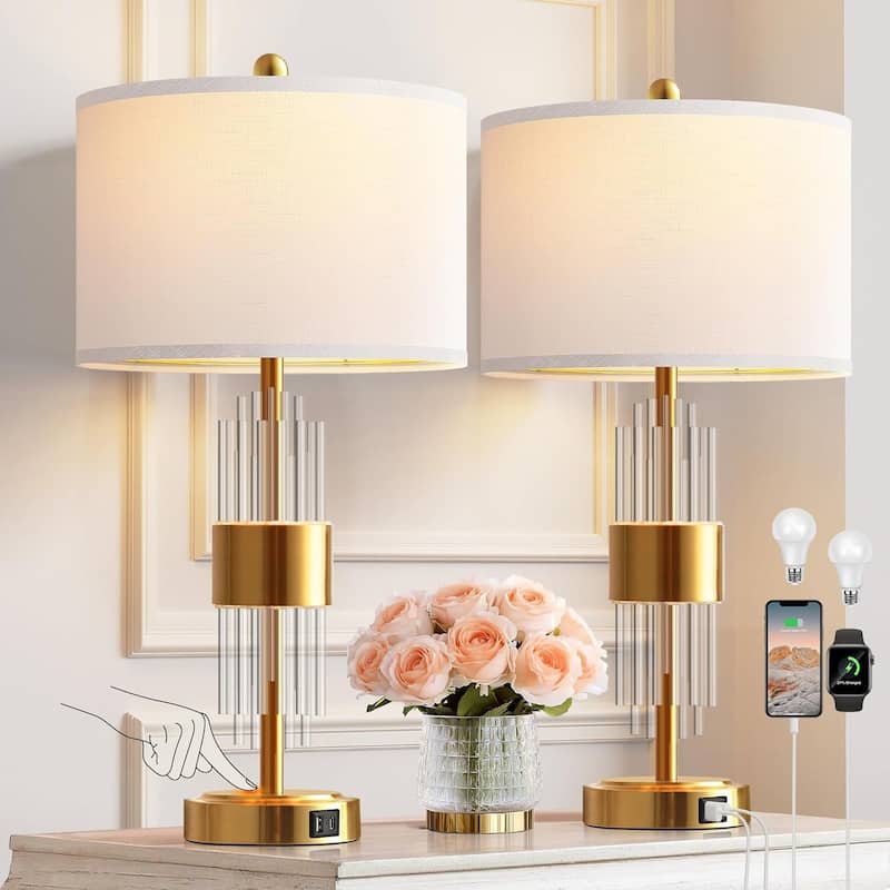 Bedside Table Golden Lamp With USB Ports, Set Of 2 With Touch Control, Drum Lamp Shade Bedrooms Home Office Light Decor - Brushed Gold