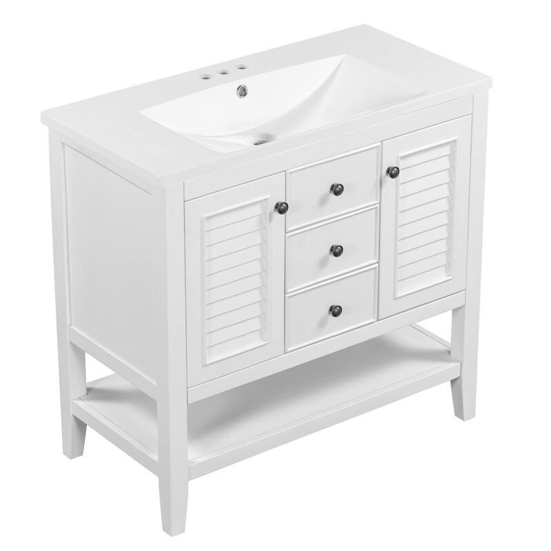 36" Bathroom Vanity with/without Sink, Bathroom Vanity Cabinet with 2 Cabinets and Drawers, Open Shelf, Solid Wood Frame