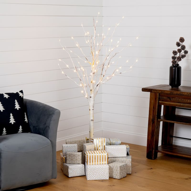5ft. Pre-Lit Artificial Birch Tree with 76 Warm White LED Lights - Elegant Seasonal Holiday X-Mas Glow