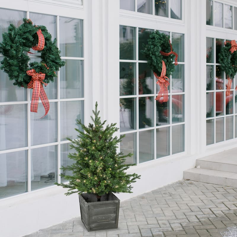 Pre-Lit Potted Deluxe Russian Pine Artificial Christmas Tree Warm White LED Lights - 4 Foot