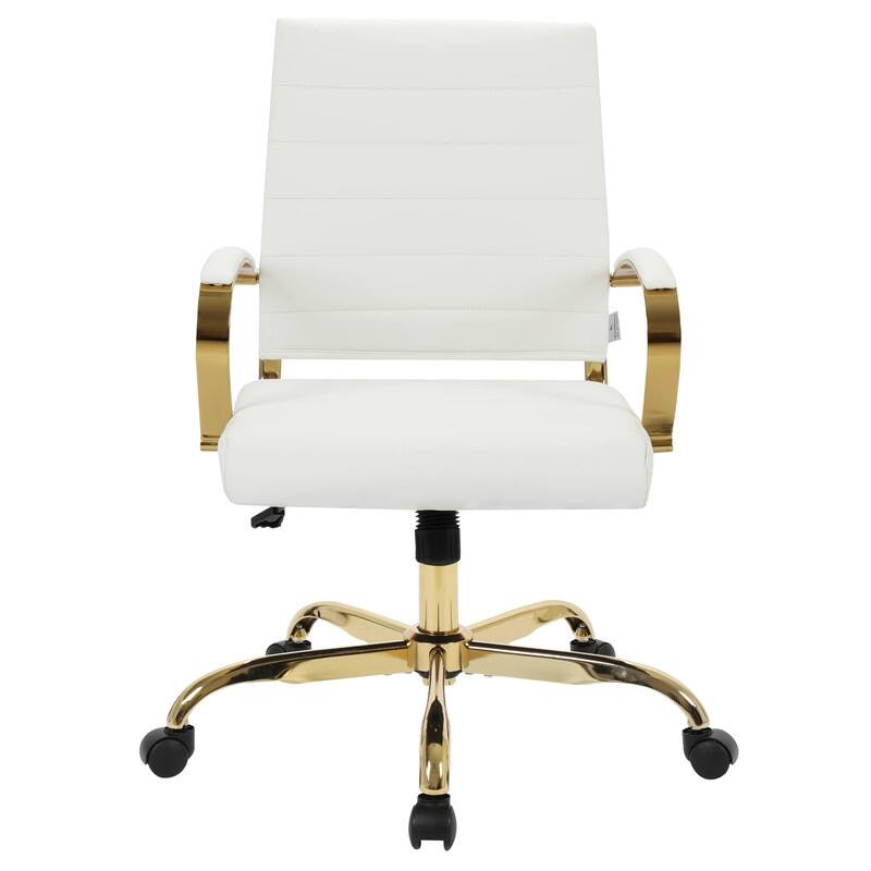 Benmar Mid-Back Leather Office Desk Chair in Gold Stainless Steel Frame Adjustable Height Tilt Lock 360 Swivel Ergonomic Chair