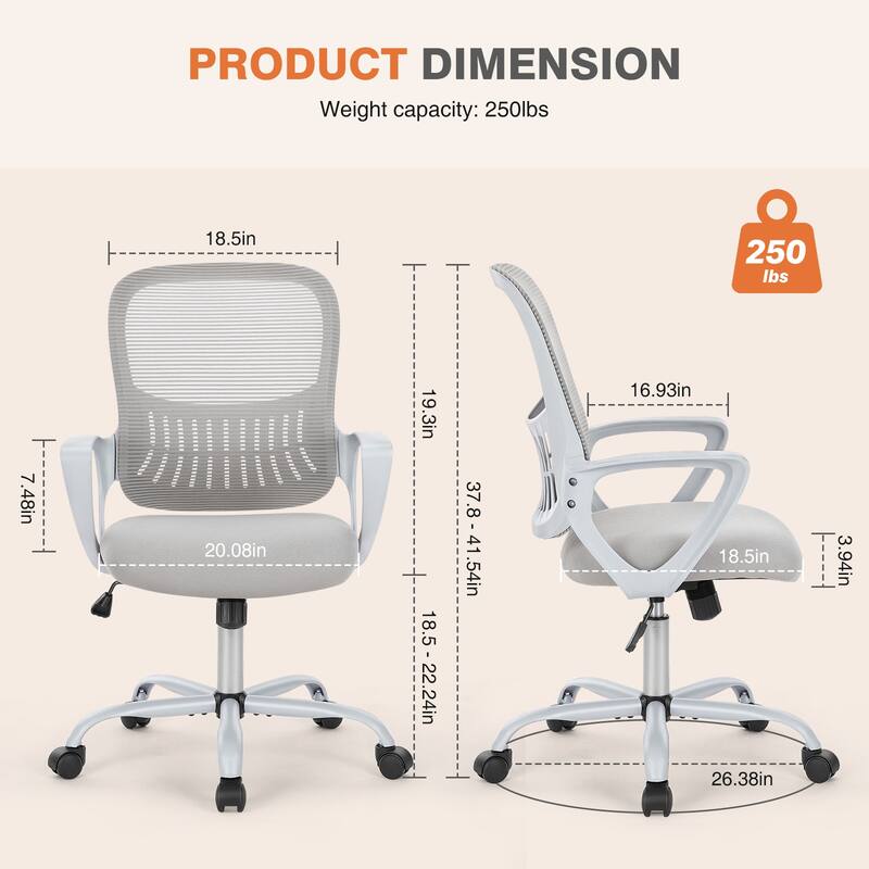 Ergonomic Mid-Back Mesh Office Chair Computer Desk Swivel Rolling Chair with Wheels for Home Office - 18.5"D x 20.08"W x 41.4"H