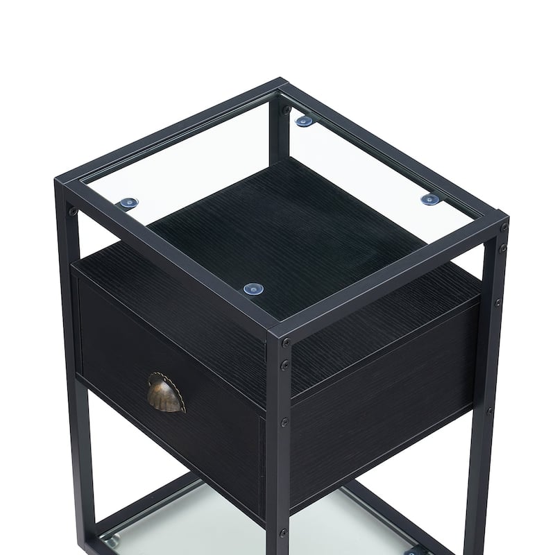 Modern 1-Drawer Nightstand with 2-tier Glass Shelves - Black