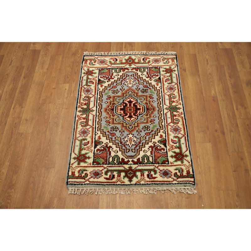 Hand Knotted Oriental 100% Wool Carpet Traditional Medallion Navy Blue & Blues Heriz (serapi) Area Rug - 3' 0'' X 2' 0''