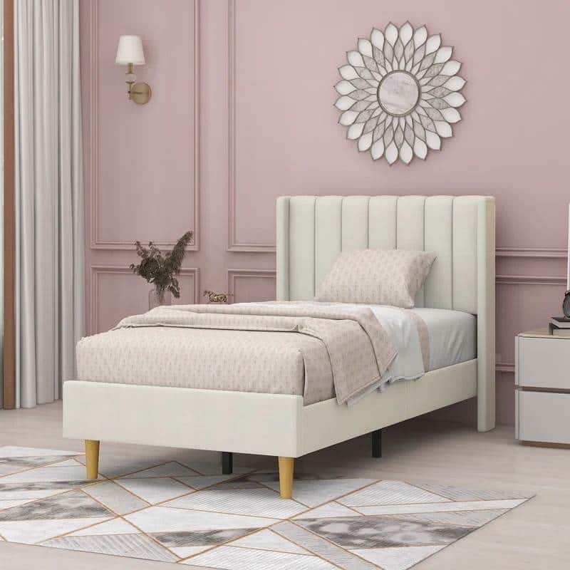 Twin Size Mid Century Modern Platform Bed Frame with Upholstered Headboard Linen No Box Spring Needed
