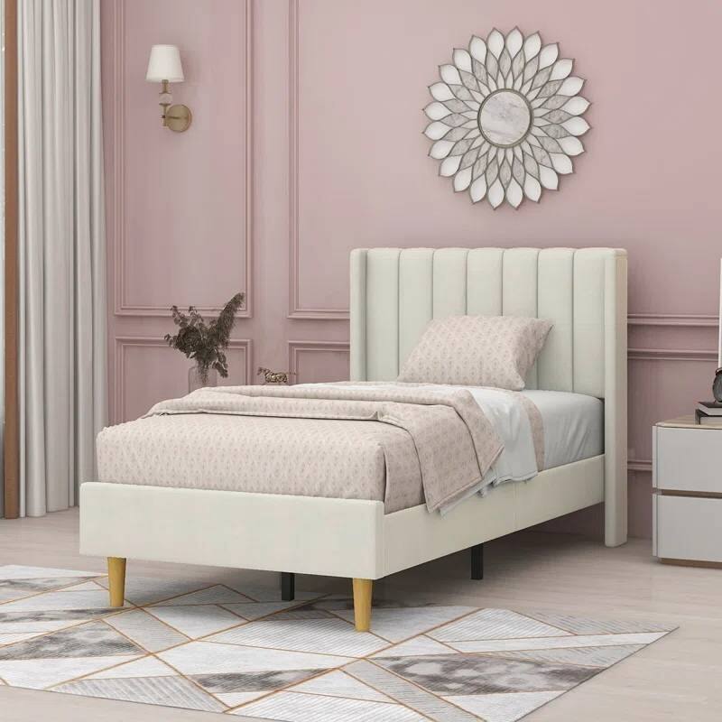 Twin Size Mid Century Modern Platform Bed Frame with Upholstered Headboard Linen No Box Spring Needed - Cream