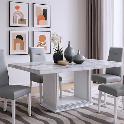 HomeRoots 79" Light Gray and White Marble and Wood Pedestal Base Dining Table - 78.7 in. x 30 in. x 39.4 in.