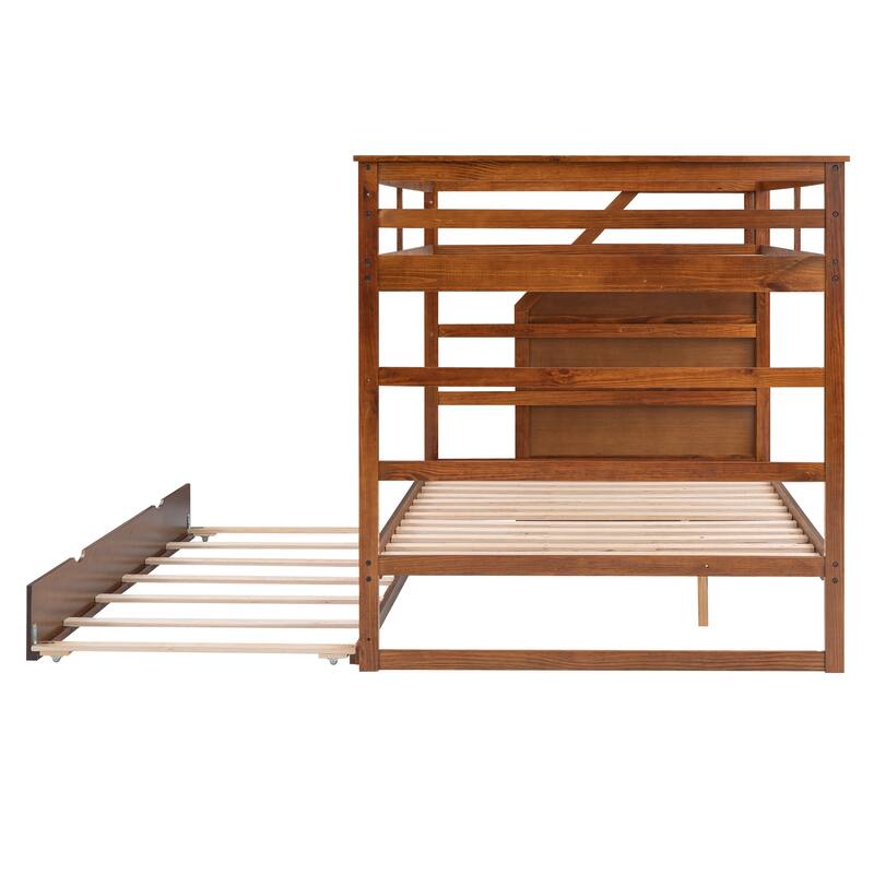 Bunk Bed with Trundle with Safety Guardrail and 3 Storage Stairs, Triple Bunk Multifunctional Space-Saving Solution for Bedroom