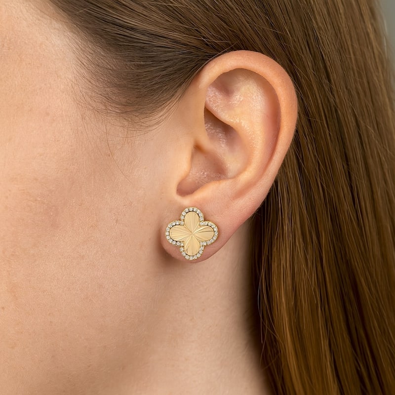 Rhodium Satin Finish Cubic Zirconia Clover Stud Earrings