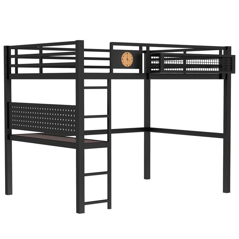 Modern Industrial Queen Size Loft Bed Frame with Desk, Pegboard and Clock, Storage Basket with Built-in Charging Station