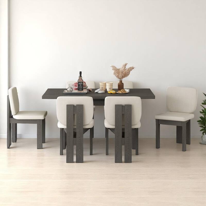 7-Piece Retro Dining Set with Rectangular Trestle Table and 6 Upholstered Chairs, Farmhouse Style