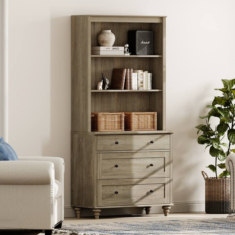 Wash Gray Bookcase with Doors, Large Wood Farmhouse Book Case Shelf - wash grey