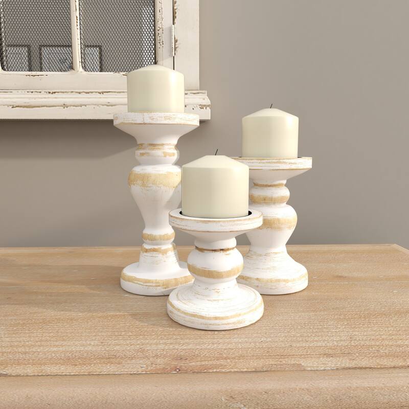 Brown or White Wood Beaded Pillar Candle Holder (Set of 3)