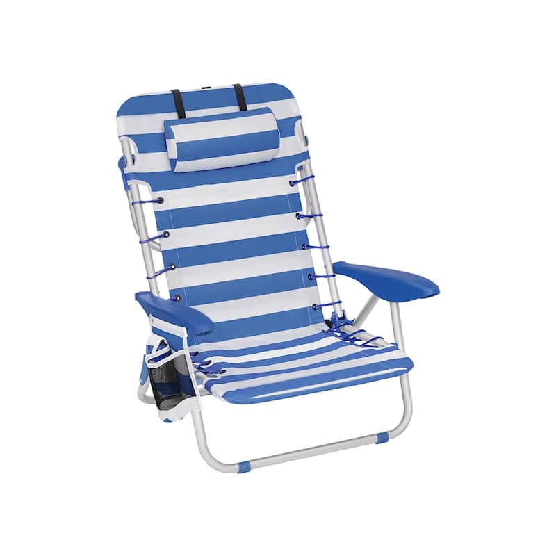 Folding Beach Chair with 4-Position Adjustable Backrest and Portable Low Seat Mesh Storage Pockets - 26.8"D x 24.8"W x 29.5"H - Blue-White