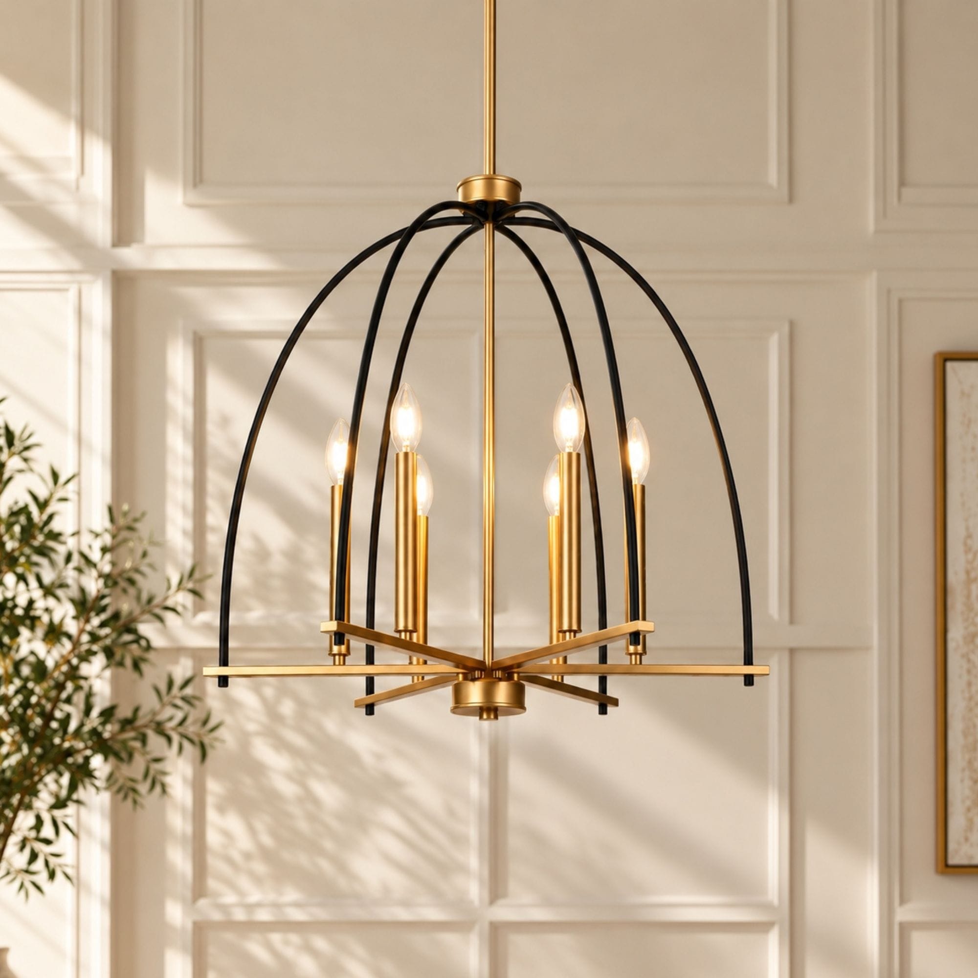 Modern Glam 6-Light Birdcage Chandelier Black Gold Pendant Light for Dining Room - 23.6 " × 25 "