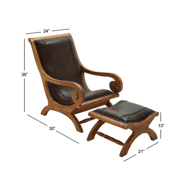 Dark Brown Leather Handmade Upholstered Room Accent Chair with Ottoman with Scrolled Wood Arms and Arched Legs