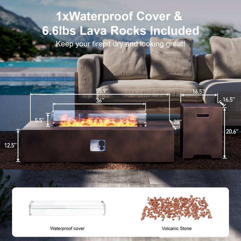 COSIEST 56'' Outdoor Propane Rectangle Fire Pit with Tank,Wind Glass