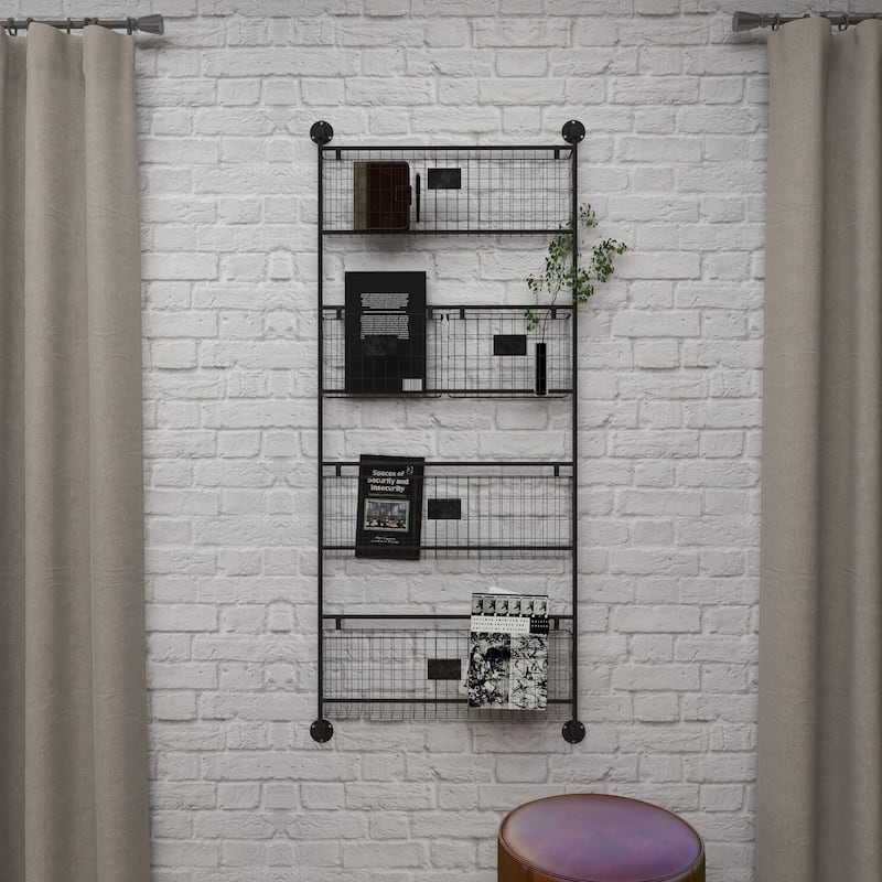 Metal Suspended Wire Basket 5 Slot Magazine Rack Holder with Label Slot - Black - Roche River Decor