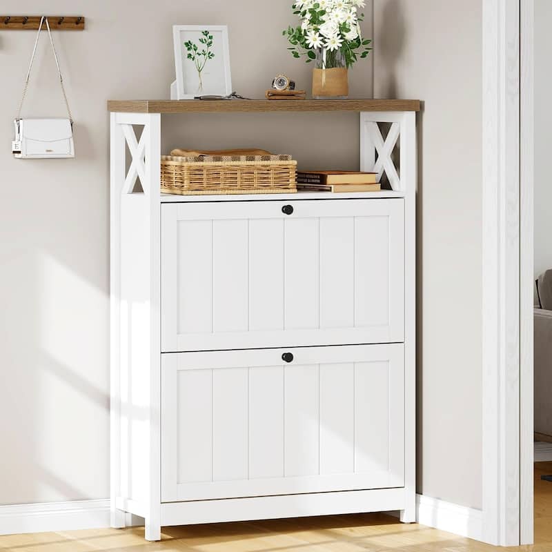 Moasis Shoe Storage Cabinet Organizer with 2 Compartments for Entryway Hallway - White