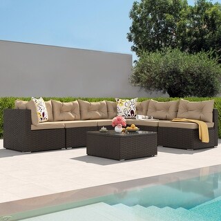 7-piece Outdoor Patio Furniture Wicker Sectional Set w/ Cushions & Coffee Table