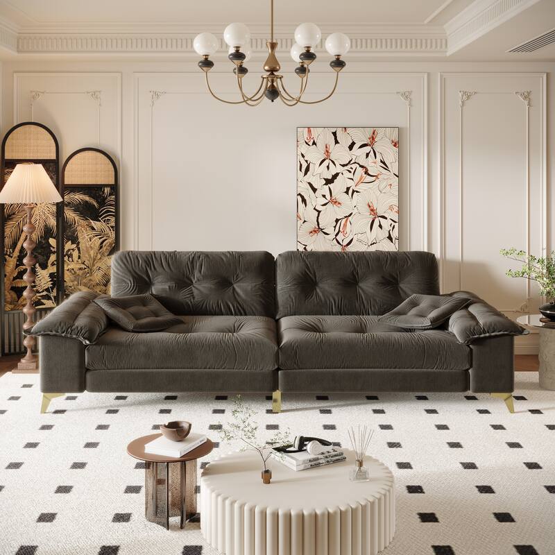 104.7" Modern Cloud Sofa, 4-Seat Chenille Upholstered Couch with Wide Removable Armrests and 2 Pillows - Dark Gery
