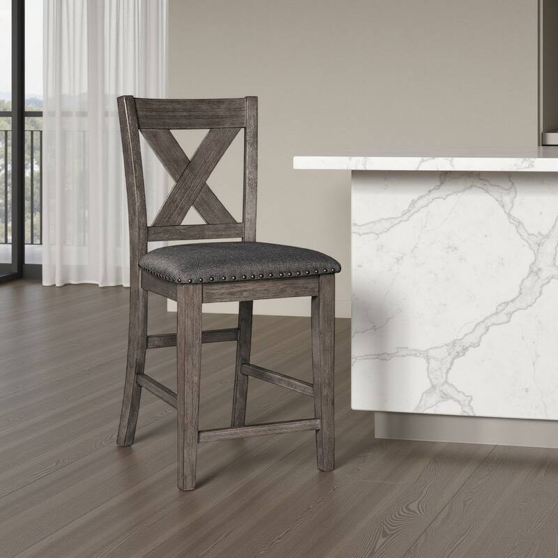 Caity Counter Height Chair Set of 2, Gray Acacia Wood, X Shaped Back