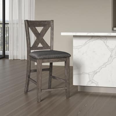 Caity Counter Height Chair Set of 2, Gray Acacia Wood, X Shaped Back