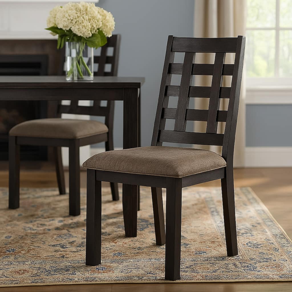 Trixy Dining Chair, Open Square Back, Espresso Wood, Beige Fabric