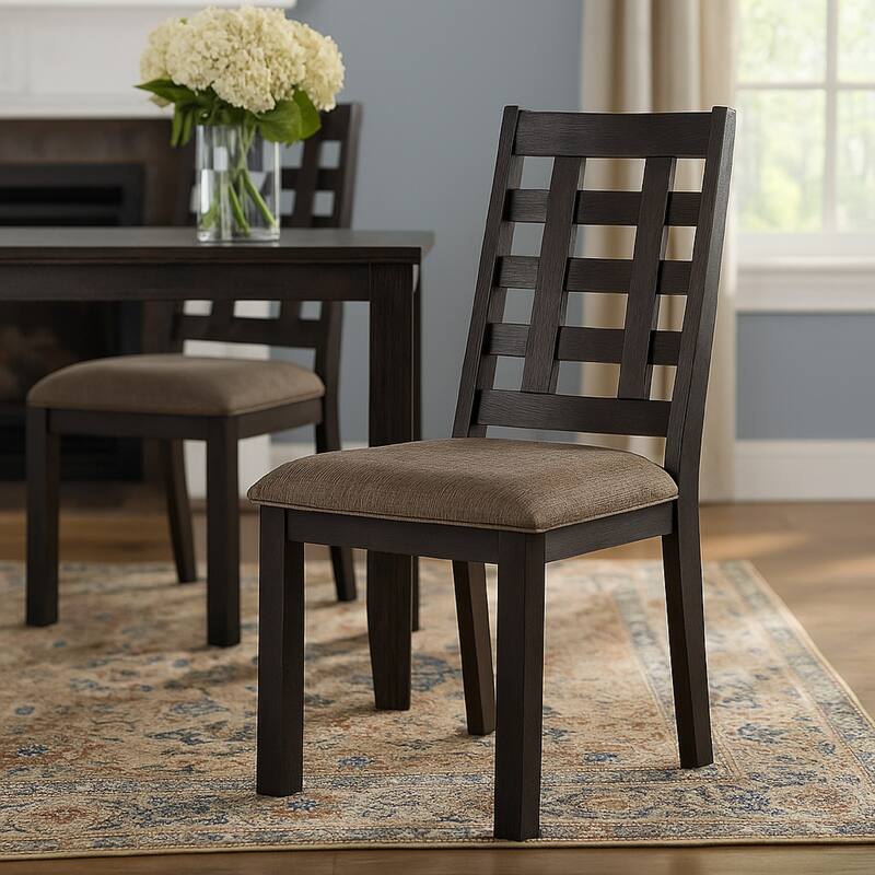 Trixy Dining Chair, Open Square Back, Espresso Wood, Beige Fabric