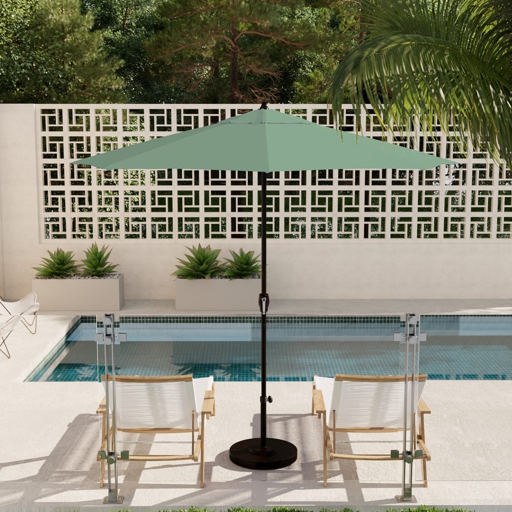 California Umbrella 9' Round Crank Lift Auto Tilt 8 Rib Aluminum Patio Umbrella, Bronze Finish, Pacifica Pacific Blue Fabric