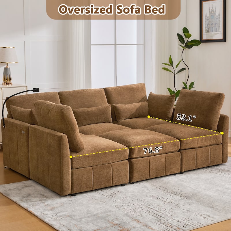 Modular Sectional Sofa with Movable Ottoman Convertible L-Shape or U-Shape Sofa Bed Built-in USB Charging Ports and Phone Holder