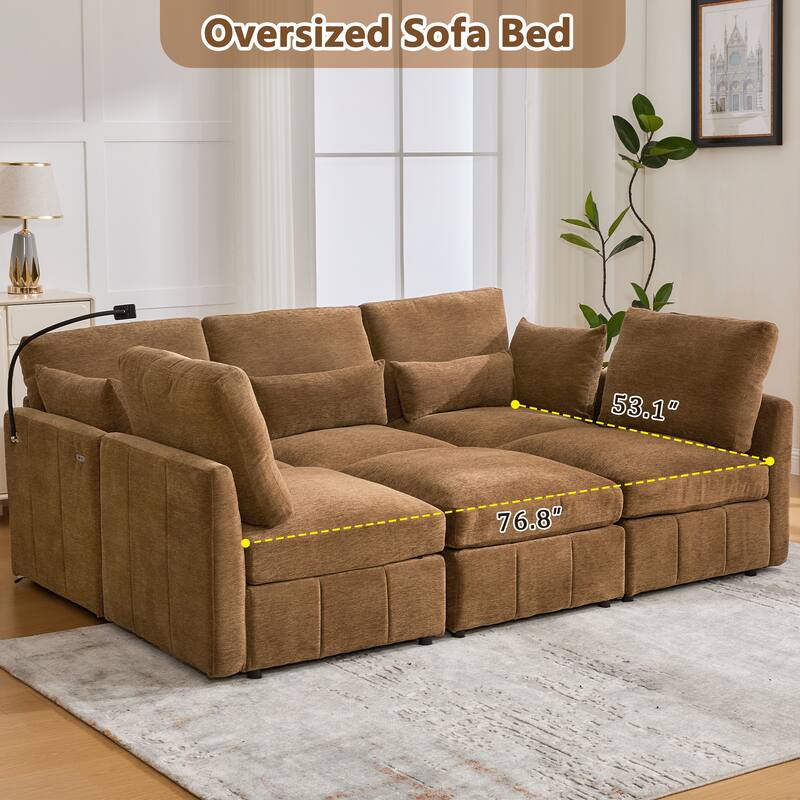 U Shaped Modular Sectional Sofa with Movable Ottoman, Chenille Upholstered 5-Seater Sofa with 2 USB Ports & Phone Holder