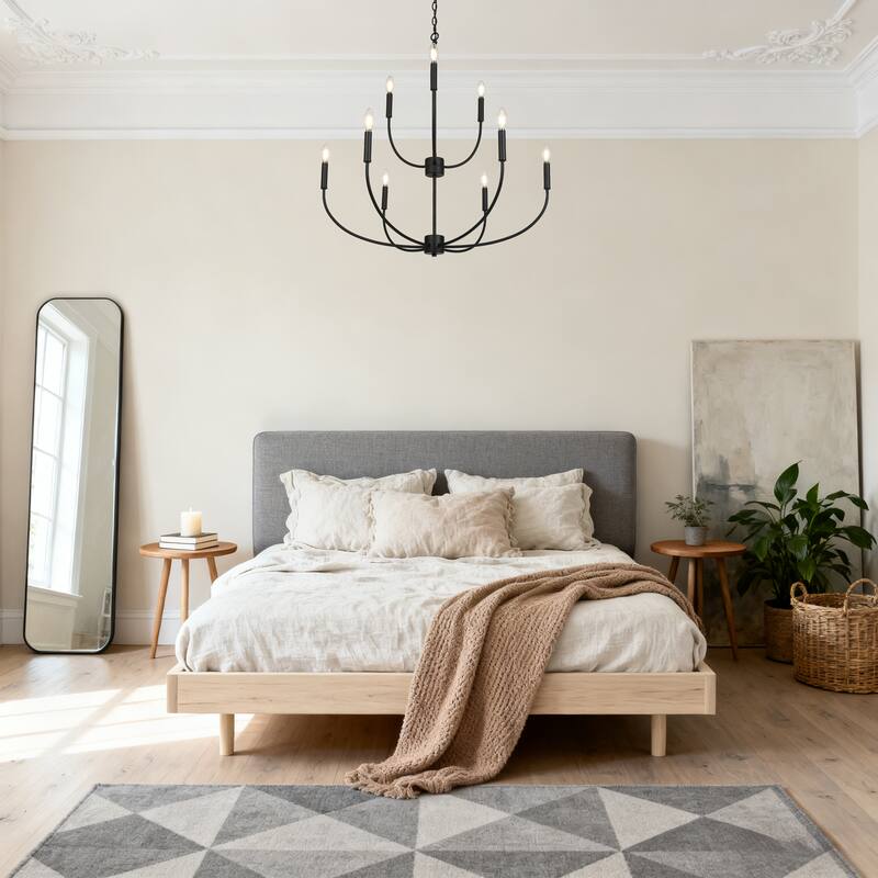 Oriea Modern Farmhouse 9-Light Black Chandelier Classic Candle Lights for Living Dining Room - D 32.3" x H 34"