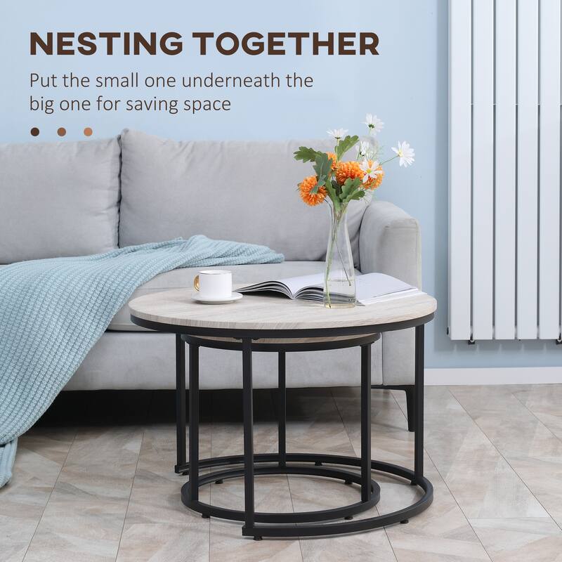 Round Nesting Tables Set of 2, Stacking Coffee Table Set with Metal Frame for Living Room, Grey