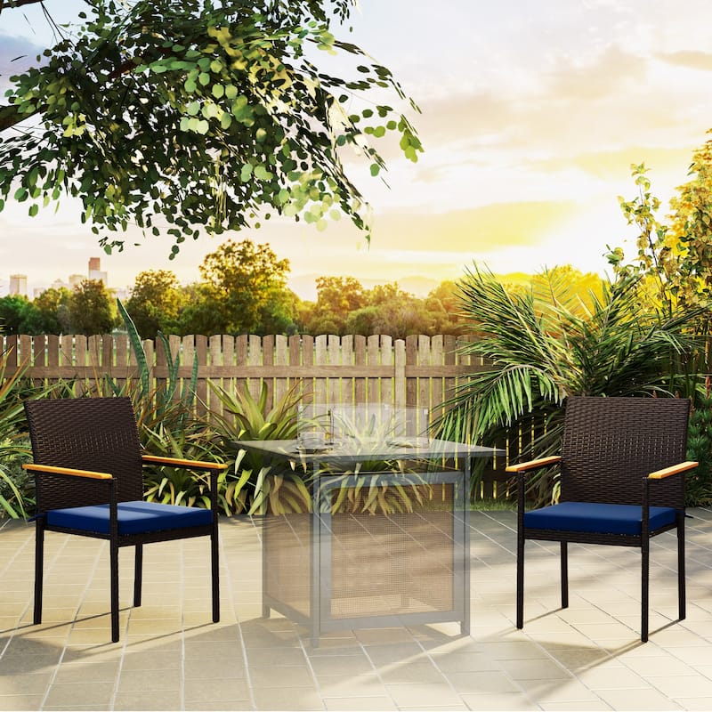 2-Piece UV-Resistant Rattan Outdoor Dining Chairs Set with Removable Cushion Covers and Acacia Armrests