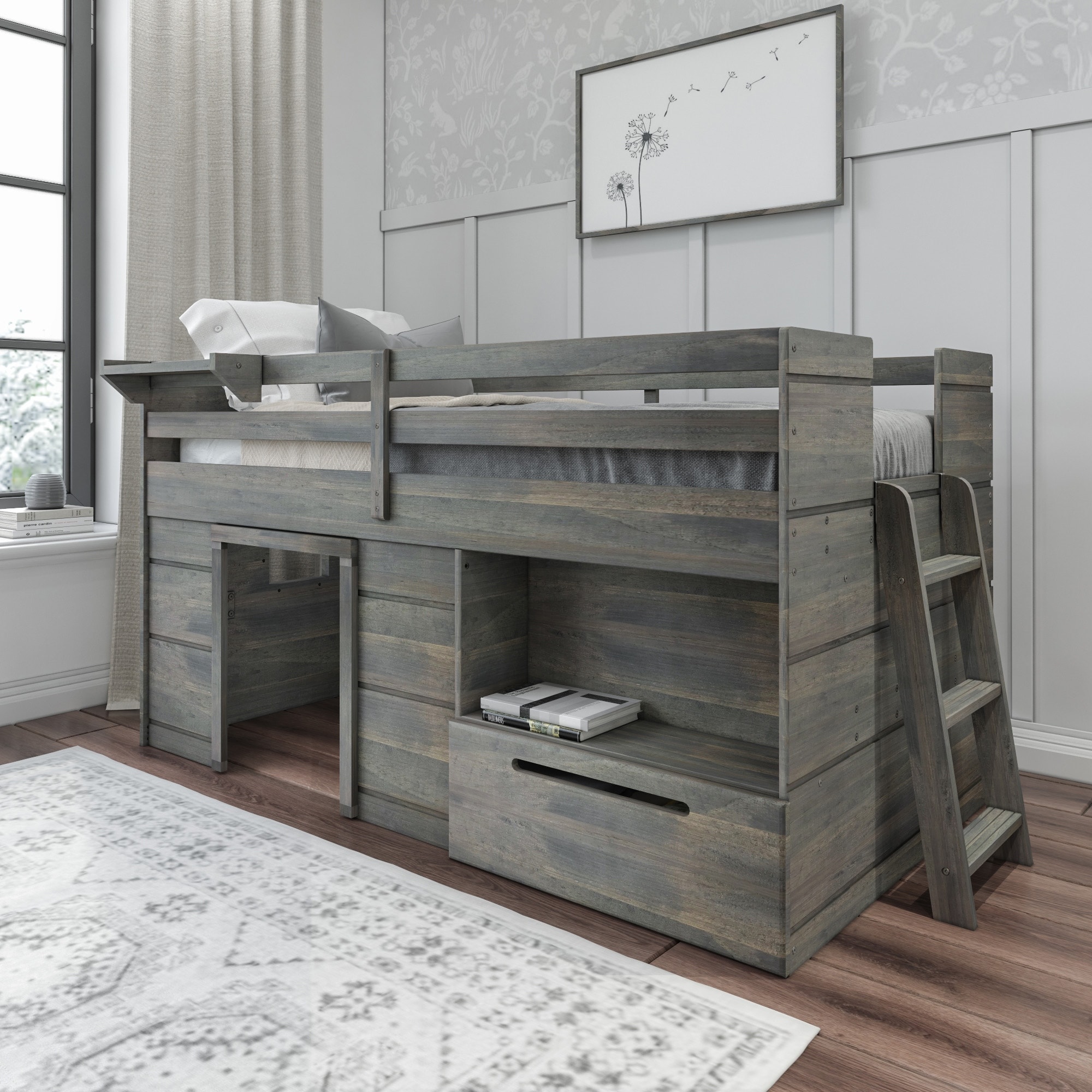 Max & Lily Modern Farmhouse Full Bed with Panel Headboard and Trundle, Driftwood