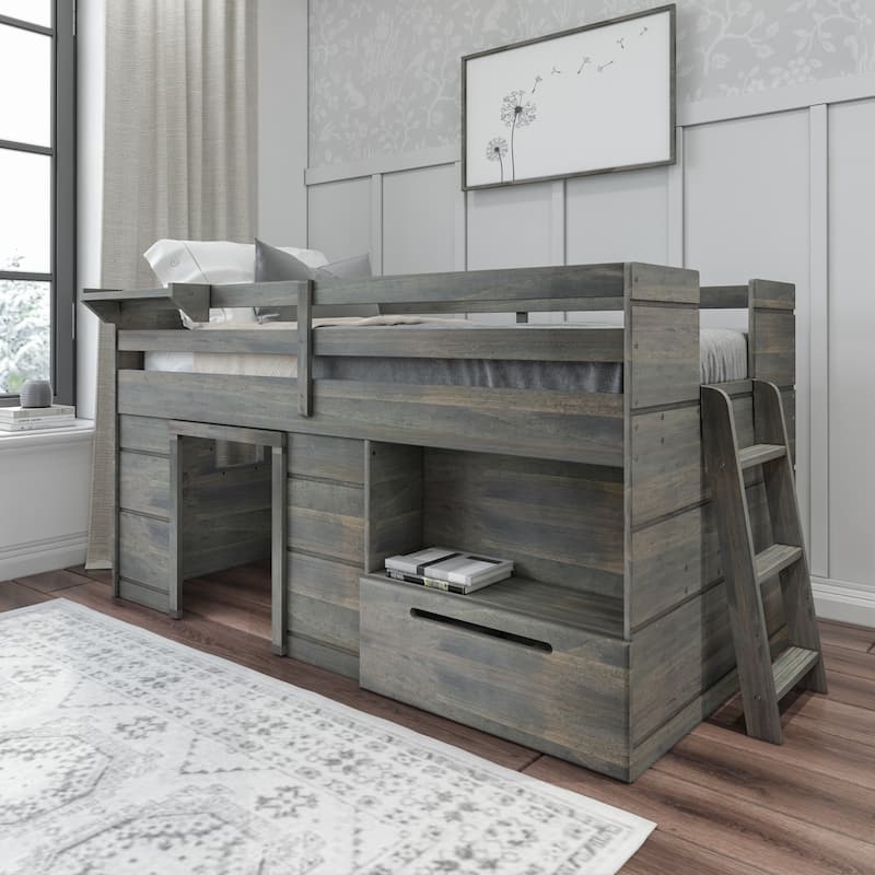 Max and Lily Farmhouse Twin Loft Bed with 1 Drawer - Driftwood