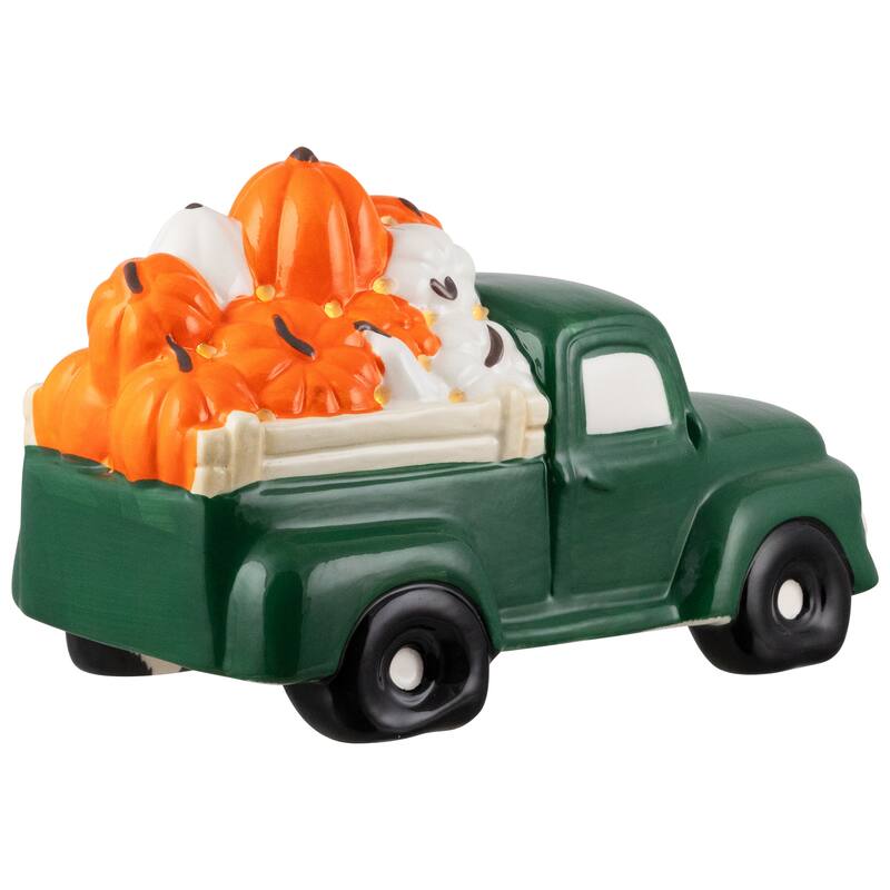9.5" LED Green Ceramic Truck Hauling Pumpkins Autumn Harvest Decor