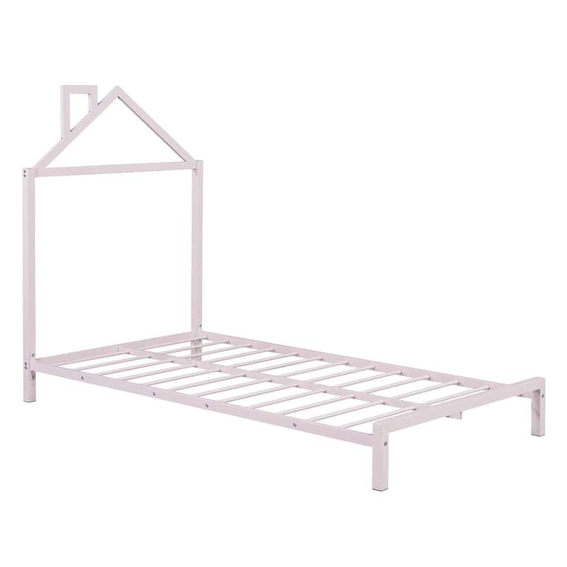 Roomfitters Twin Size Metal Platform Bed with House-Shaped Headboard Design