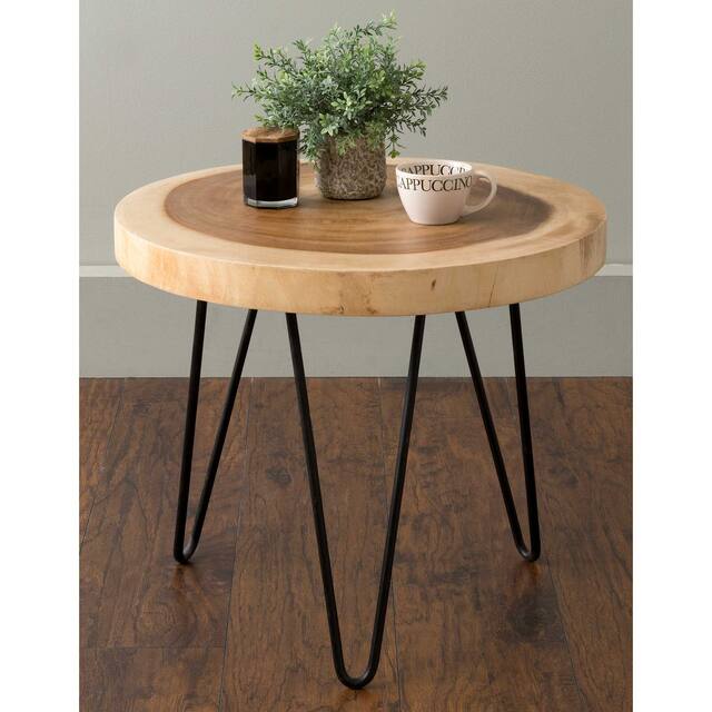 Natural Wood Cross Cut Side Table with Iron Hairpin Legs