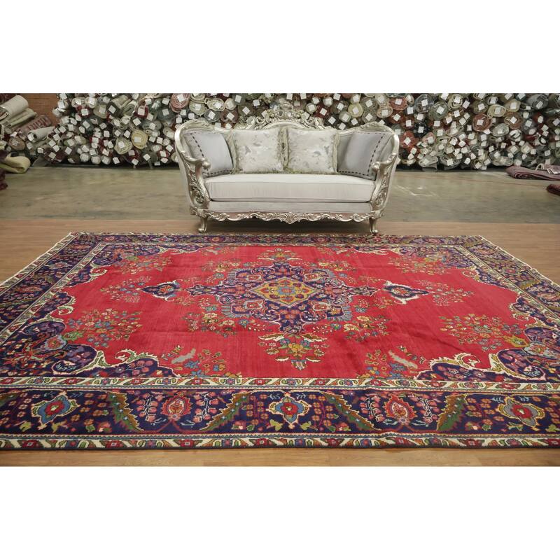 Hand Knotted Oriental 100% Wool Carpet Traditional Geometric Red Tabriz Area Rug - 12' 9'' X 9' 7''
