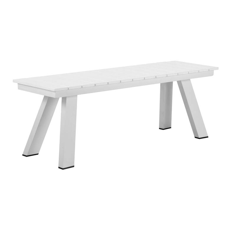 Zia 54 Inch Outdoor Dining Bench, White Polyresin Top, White Aluminum Frame - White