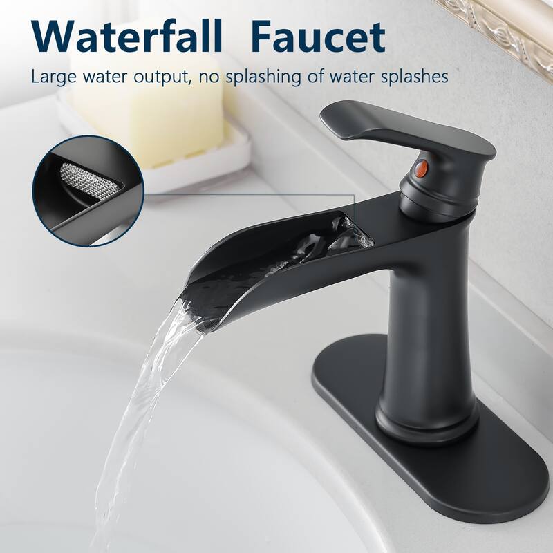 Modern Single Handle Single Hole Bathroom Sink Faucet with Pop Up Drain and Supply Line, Waterfall Spout Design