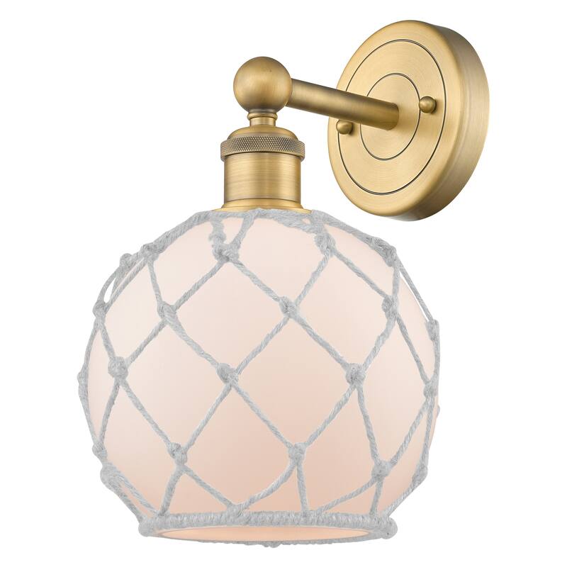 Innovations Lighting 616-1W-13-8 Farmhouse Rope Sconce Farmhouse Rope - Brushed Brass / White Glass with White Rope