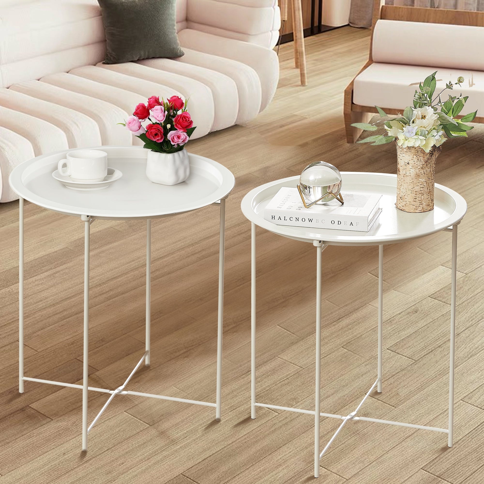 VECELO Modern Side Table with Round Removable Tray Beige Set of 1 Set of 2 On Sale Bed Bath Beyond 32440776
